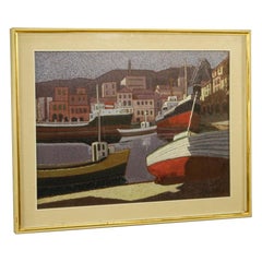 Italian Painting Signed Marina with Boats, 20th Century