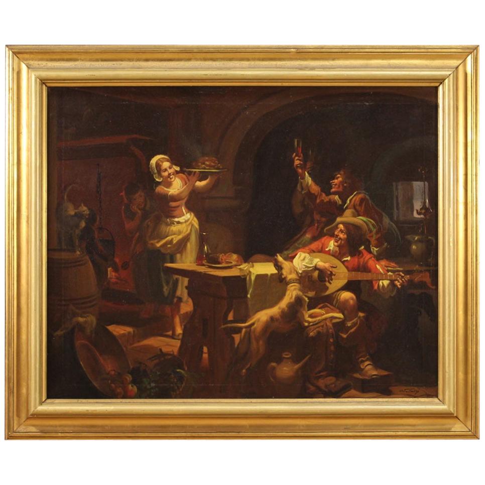 Italian Painting Signed Mattia Traverso Interior Scene, 20th Century For Sale