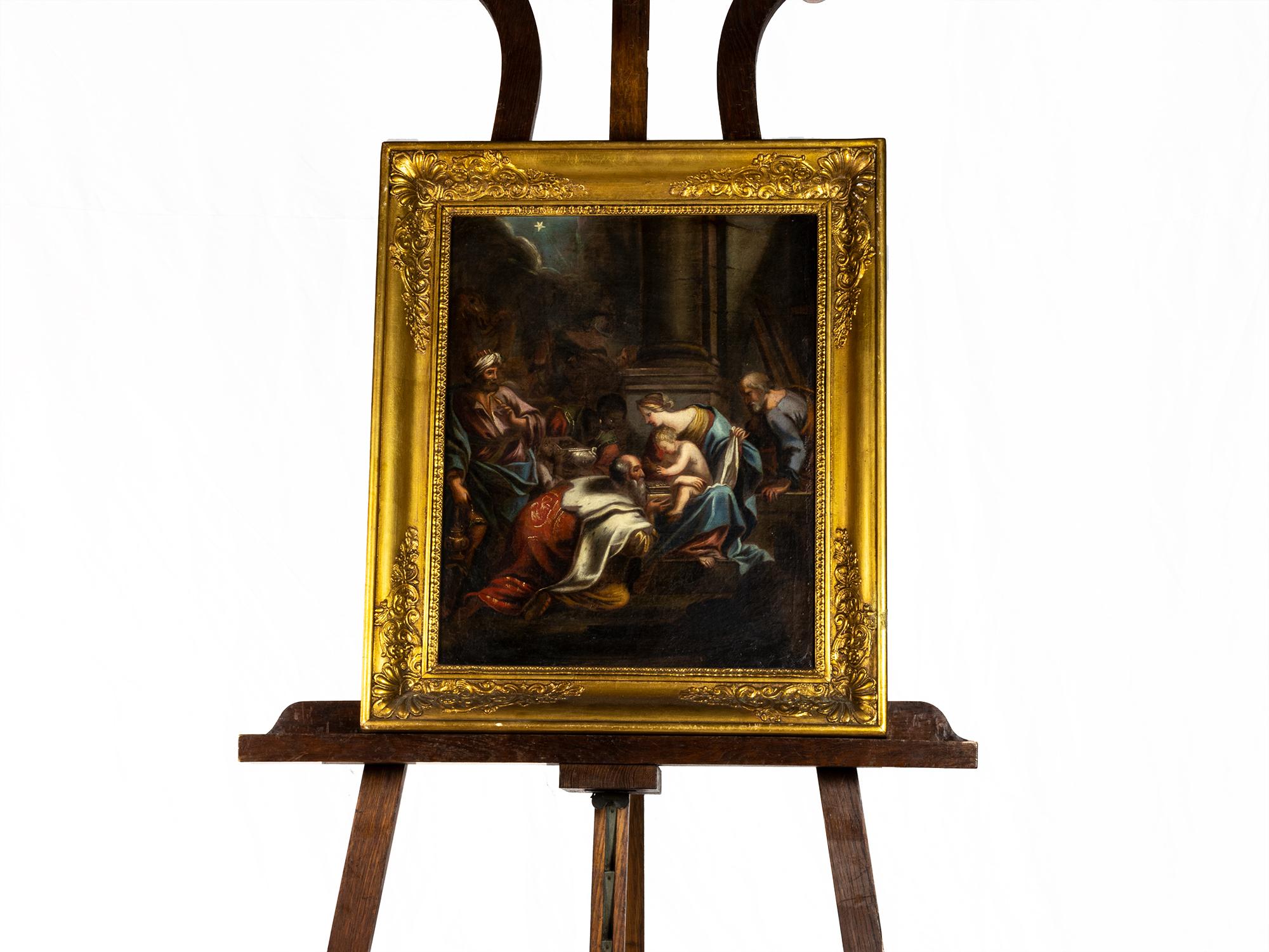 A biblical scene of the Adoration of the Magi of the baby Jesus, depicting the meeting between the mysterious travelers and the Family. 
An Italian painting of deep light contrast and tonality. 

Frame:
Width: 23,22  in (59 cm) 
Depth: 19,68 in (50