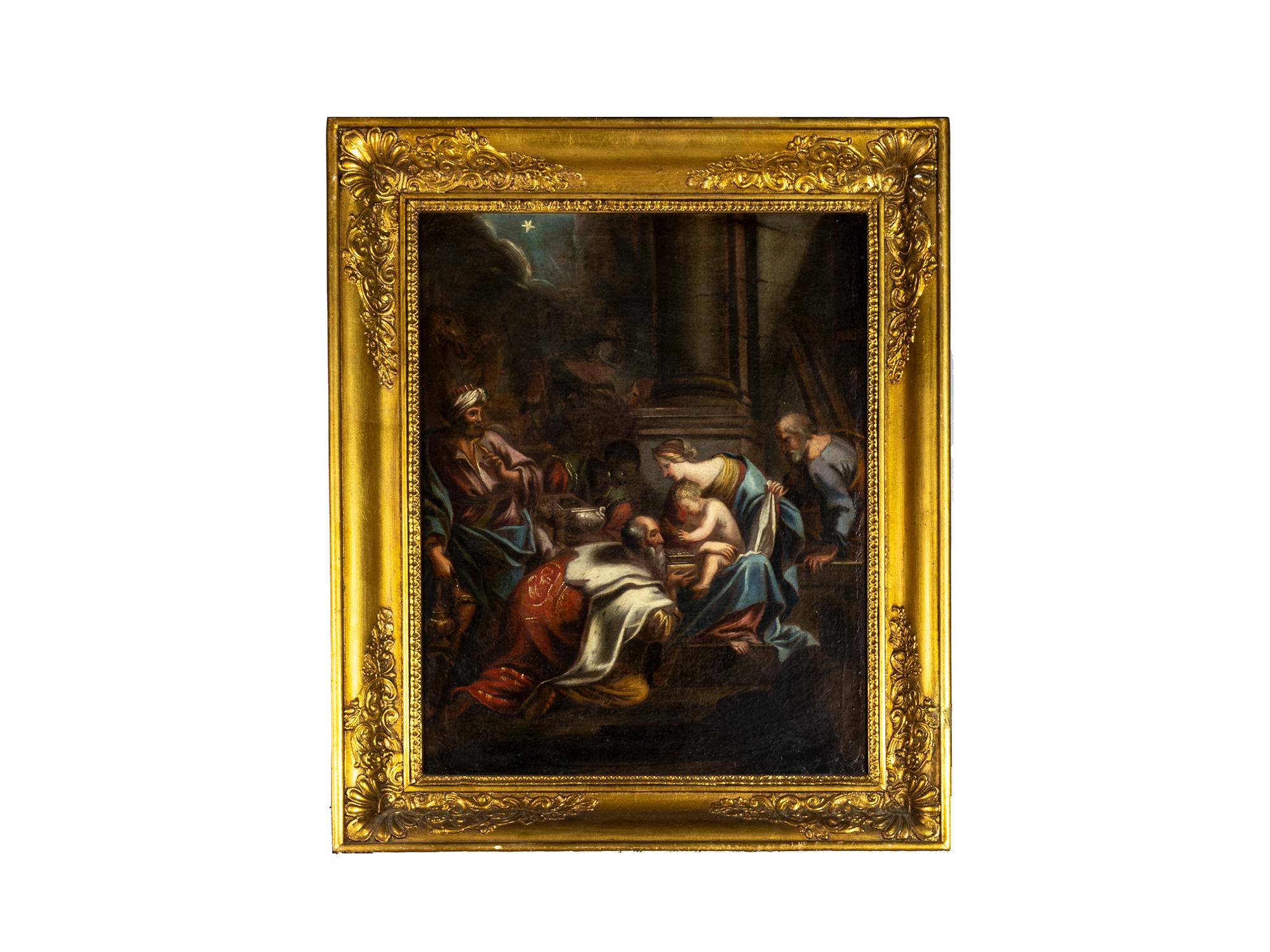 Oiled Italian Painting The Adoration of the Magi, 18th Century Religious Art For Sale