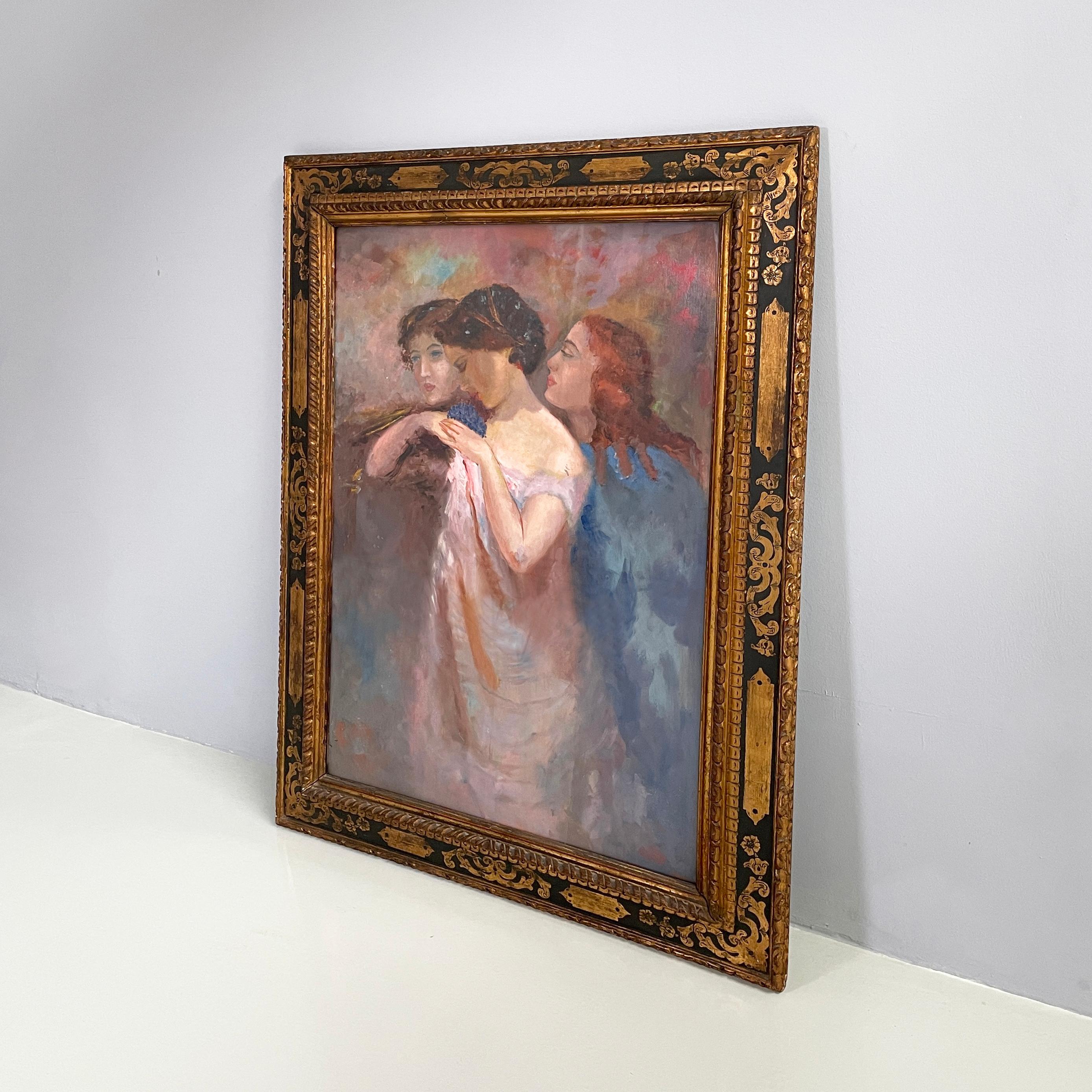 Italian Painting with finely crafted wooden frame, 1800-1900s
Rectangular painting with a finely crafted wooden frame, decorated with gold designs. The painting depicts 3 women with short or tied hair. The colors of the painting are nuanced and