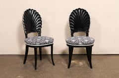 Italian Pair 1970's Black & White Grotto Accent Chairs w/Upholstered Seats