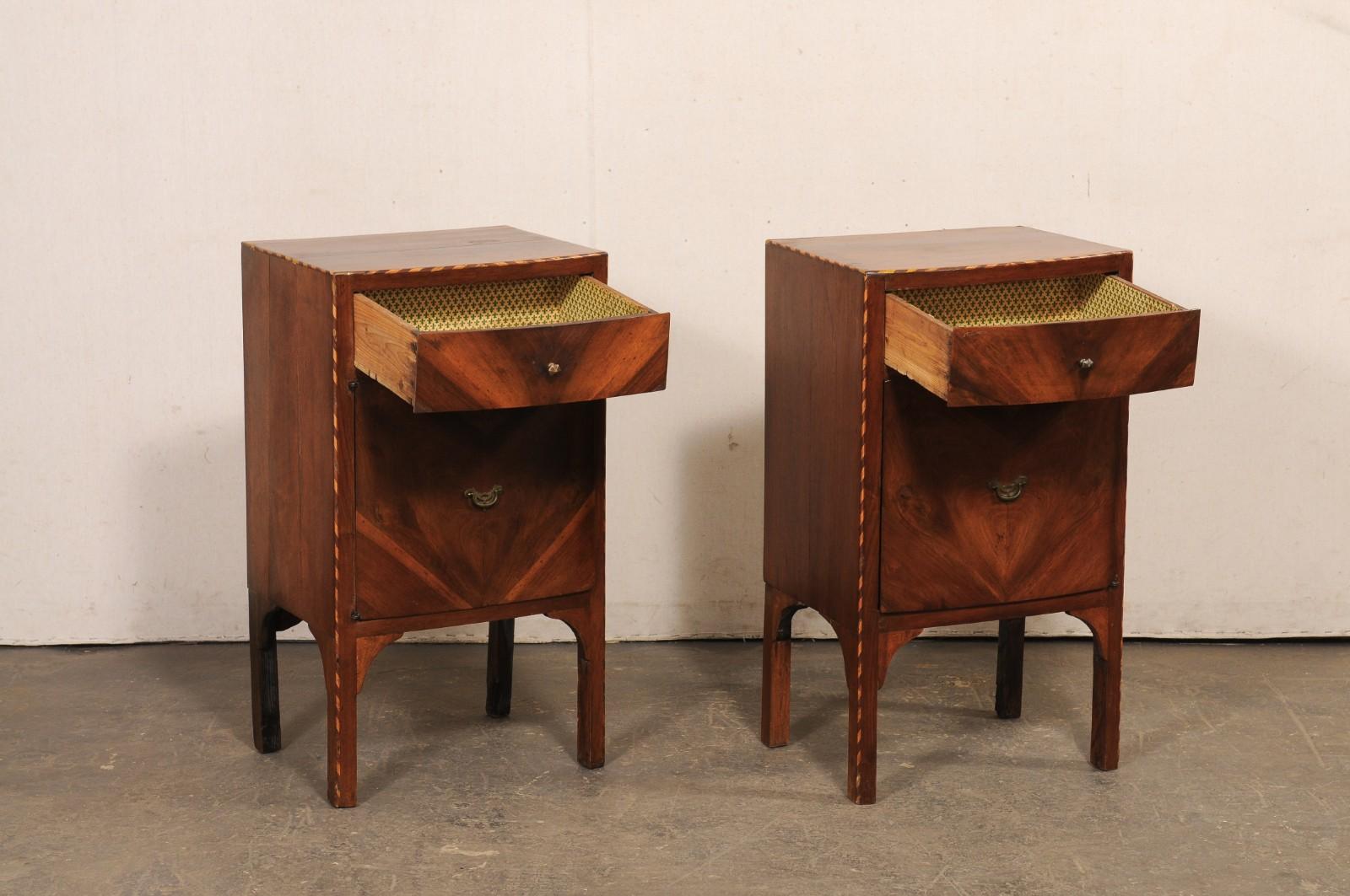 Wood Italian Pair 19th C. Bow-Front Night Stands w/Decorative Veneers & Inlay Banding For Sale