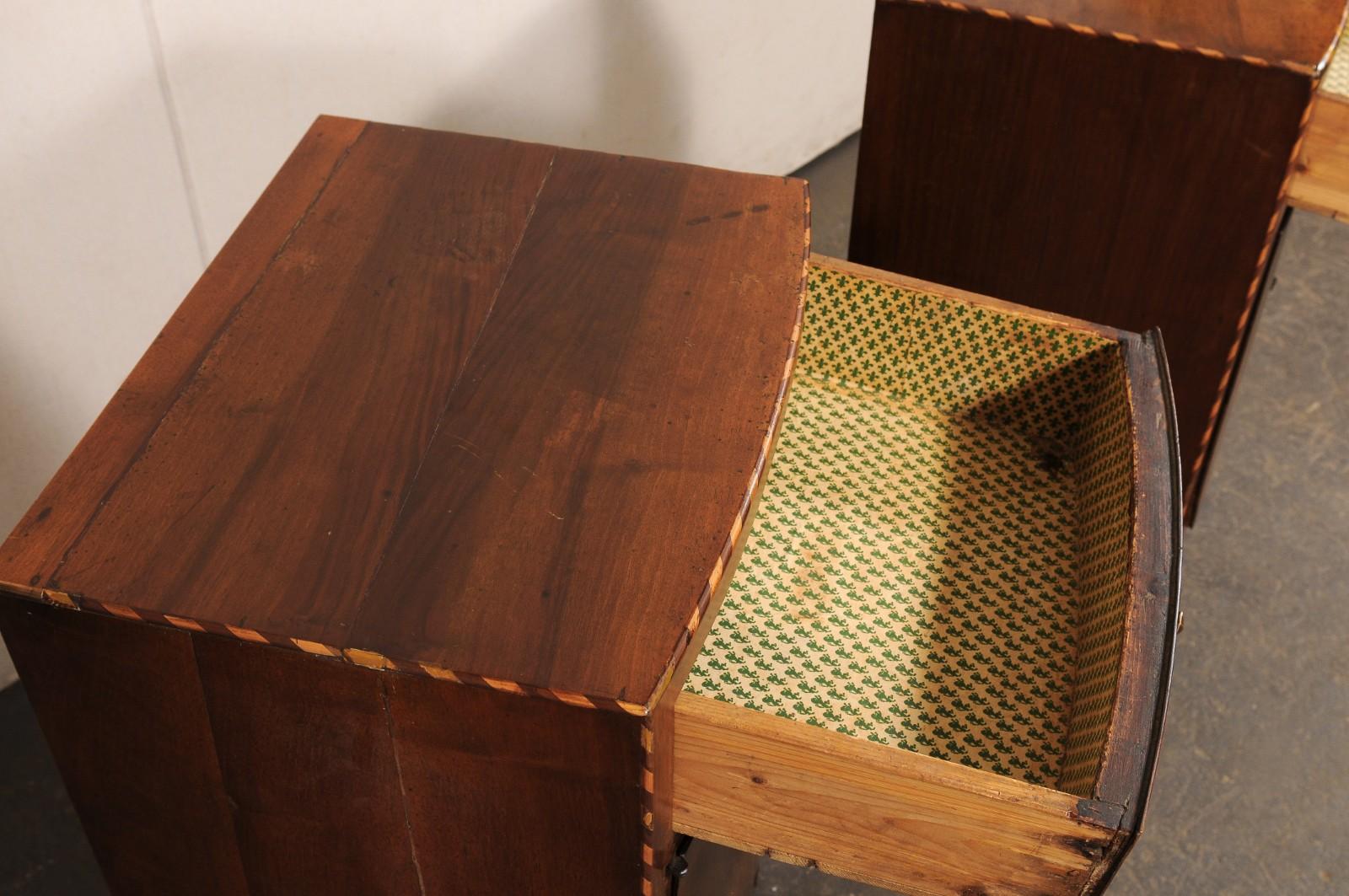 Italian Pair 19th C. Bow-Front Night Stands w/Decorative Veneers & Inlay Banding For Sale 3