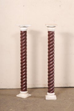 Italian Pair 4.25 Ft Faux-Porphyry Twist-Carved Wooden Pedestals, Early 20th C.