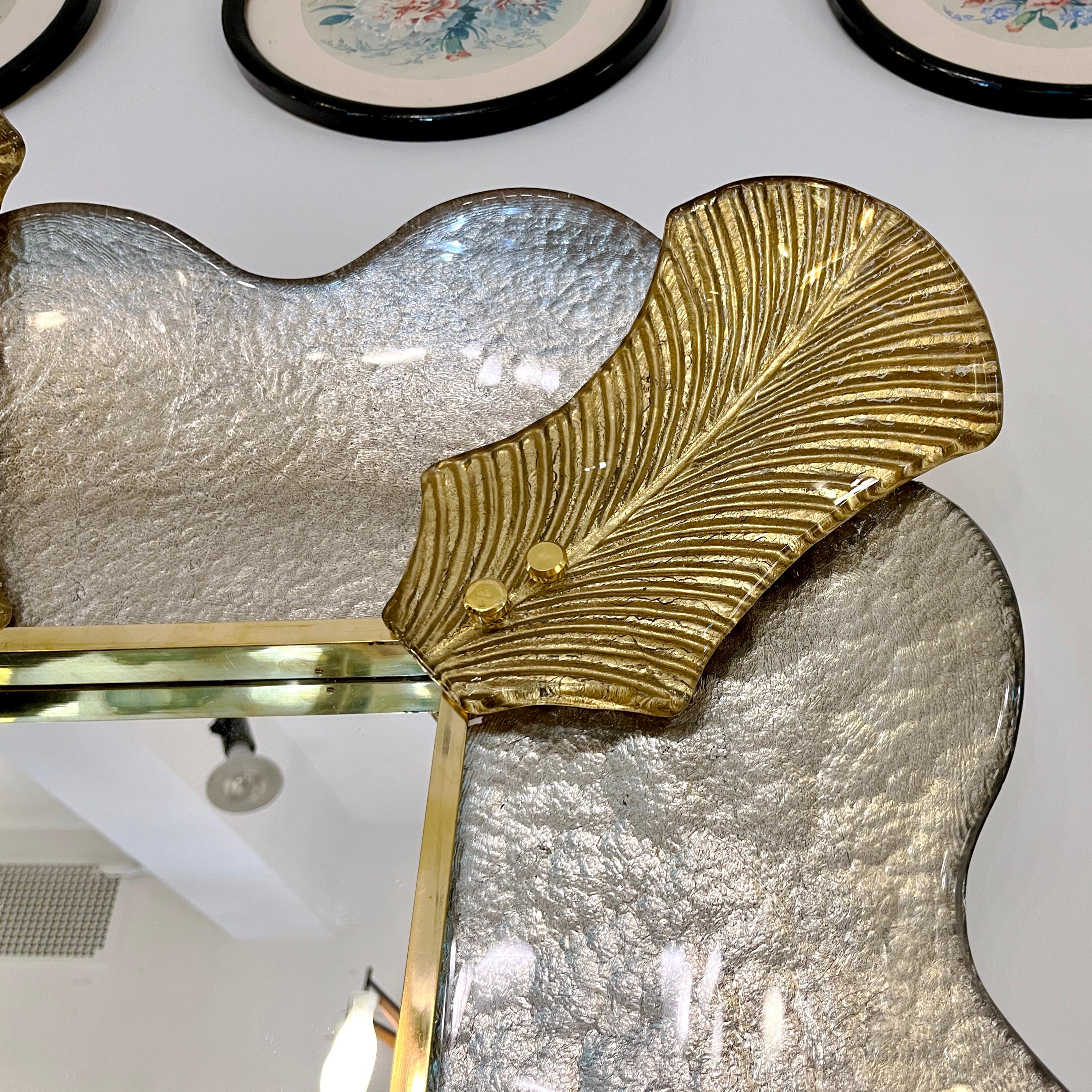 Italian Pair Art Deco Style Curved Leaf Gold Silver Murano Glass Brass Mirror For Sale 5