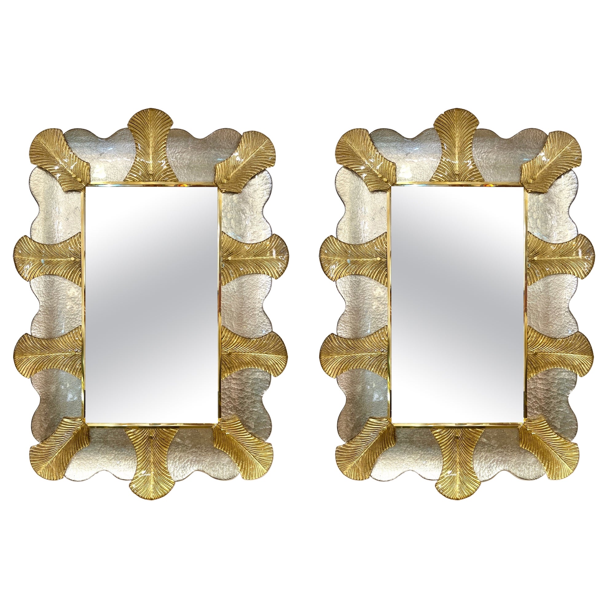 Italienisches Paar Art Deco Stil gebogenes Blatt Gold Silber Murano Glas Messing Spiegel