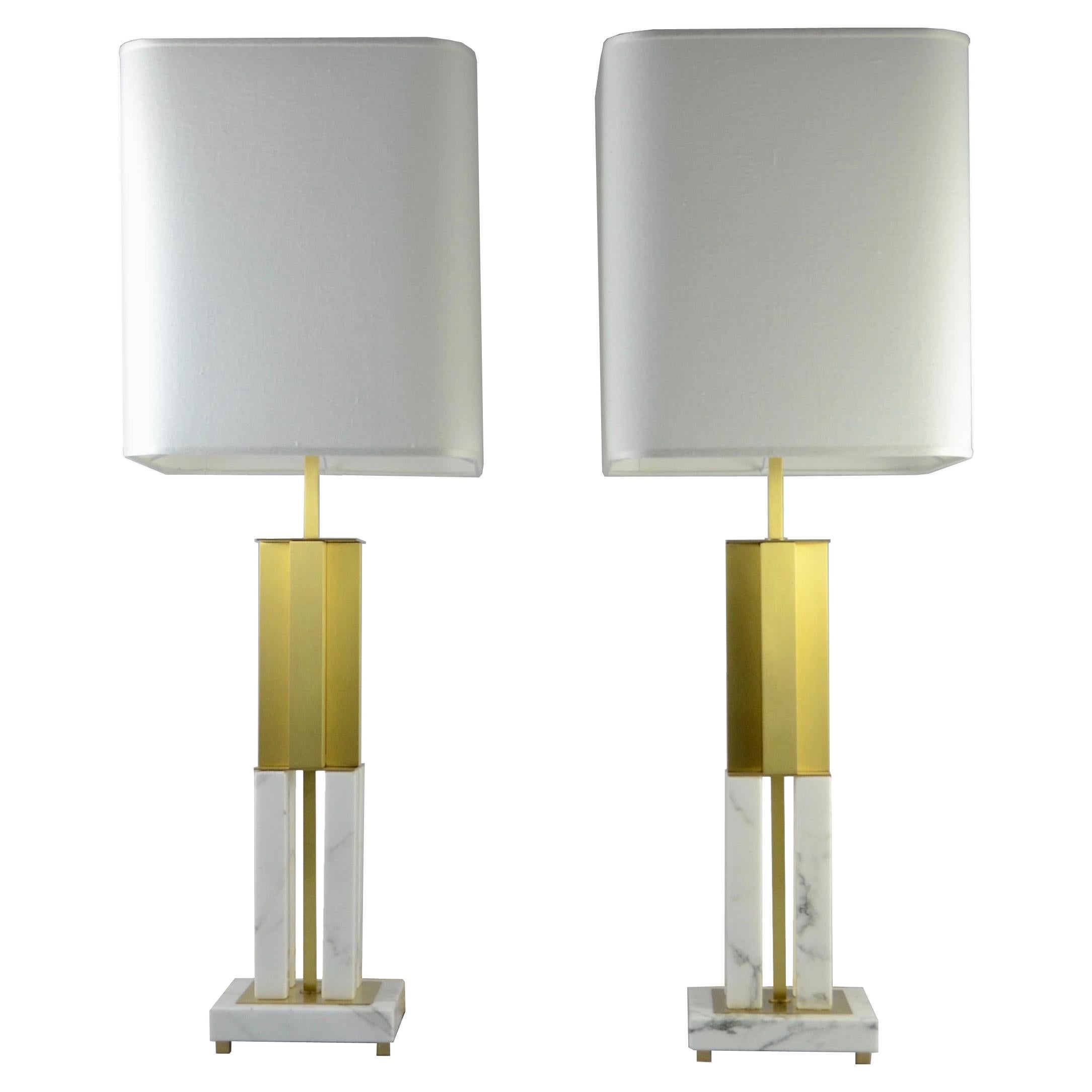 Italian Pair Art Deco Urban Design White Marble Satin Brass Empire Table Lamps