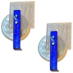 Italian Pair Champagne Silver Blue Crystal Murano Glass Abstract Design Sconces