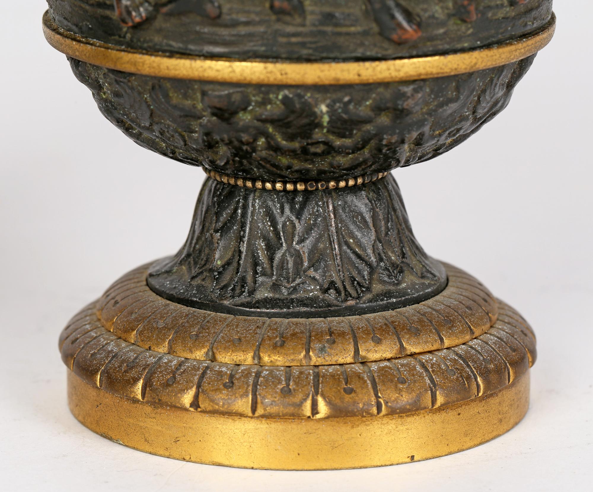 19th Century Italian Pair Gilt Mounted Bronze Neo-Classical Grand Tour Urns
