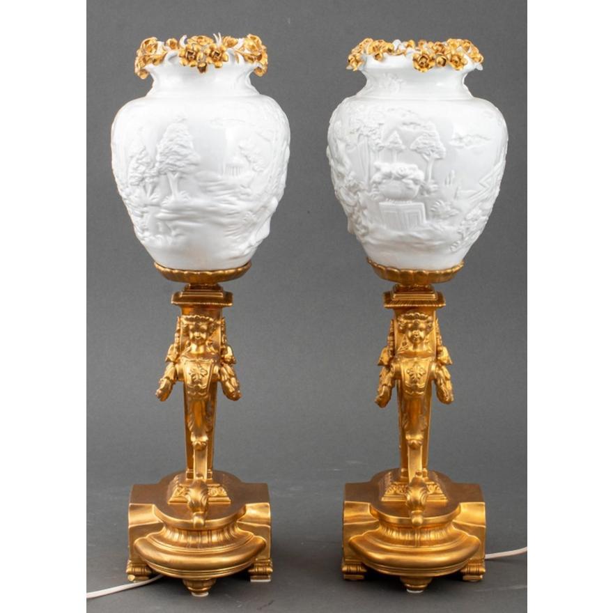  Italian Pair Glazed / Hand Gilt Porcelain Table Lamps   For Sale 1