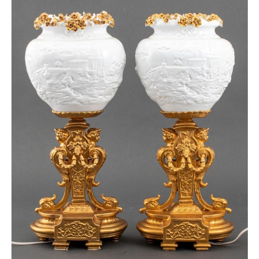  Italian Pair Glazed / Hand Gilt Porcelain Table Lamps   For Sale 2