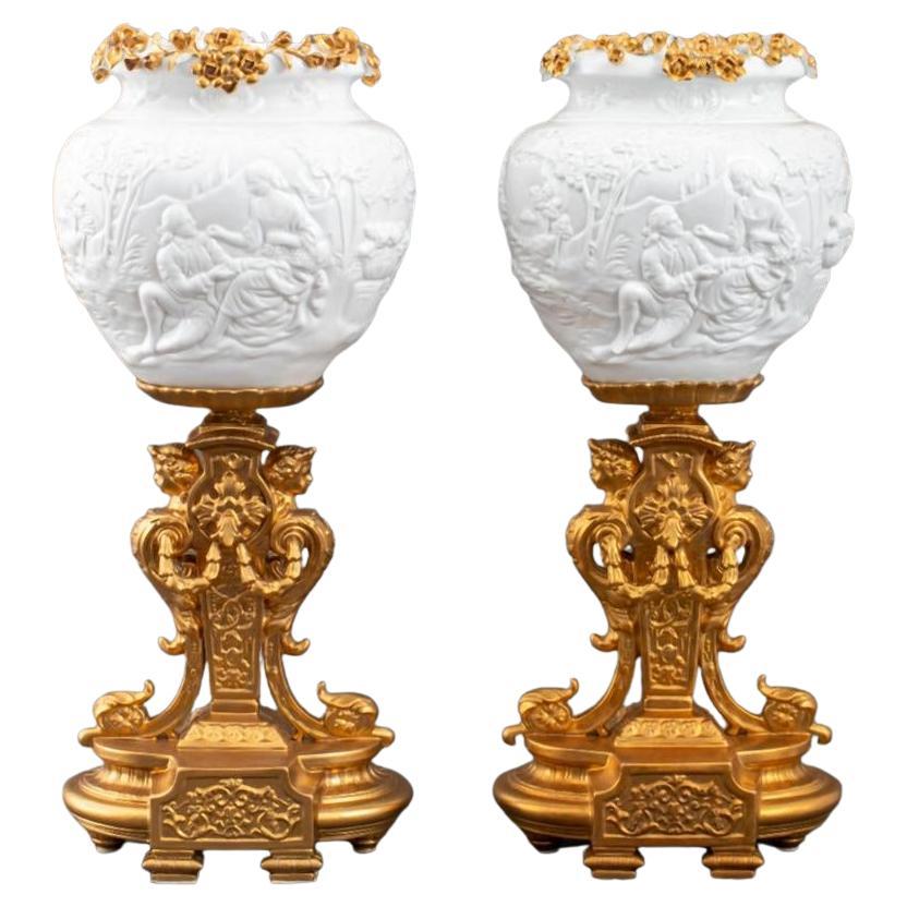  Italian Pair Glazed / Hand Gilt Porcelain Table Lamps   For Sale