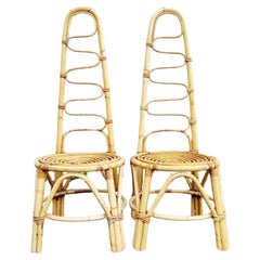 Italian Pair High Back Rattan and Wicker Chairs, Bonacina Style, Italy 60s