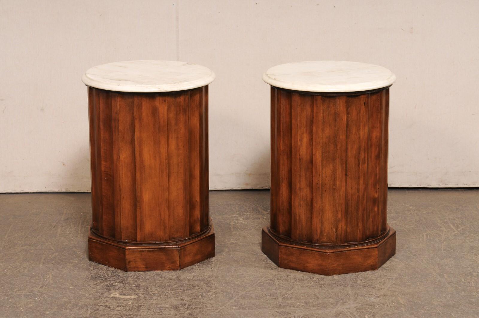 Italian Pair Marble Top Column Side Tables w/Door to Inner Storage For Sale 5