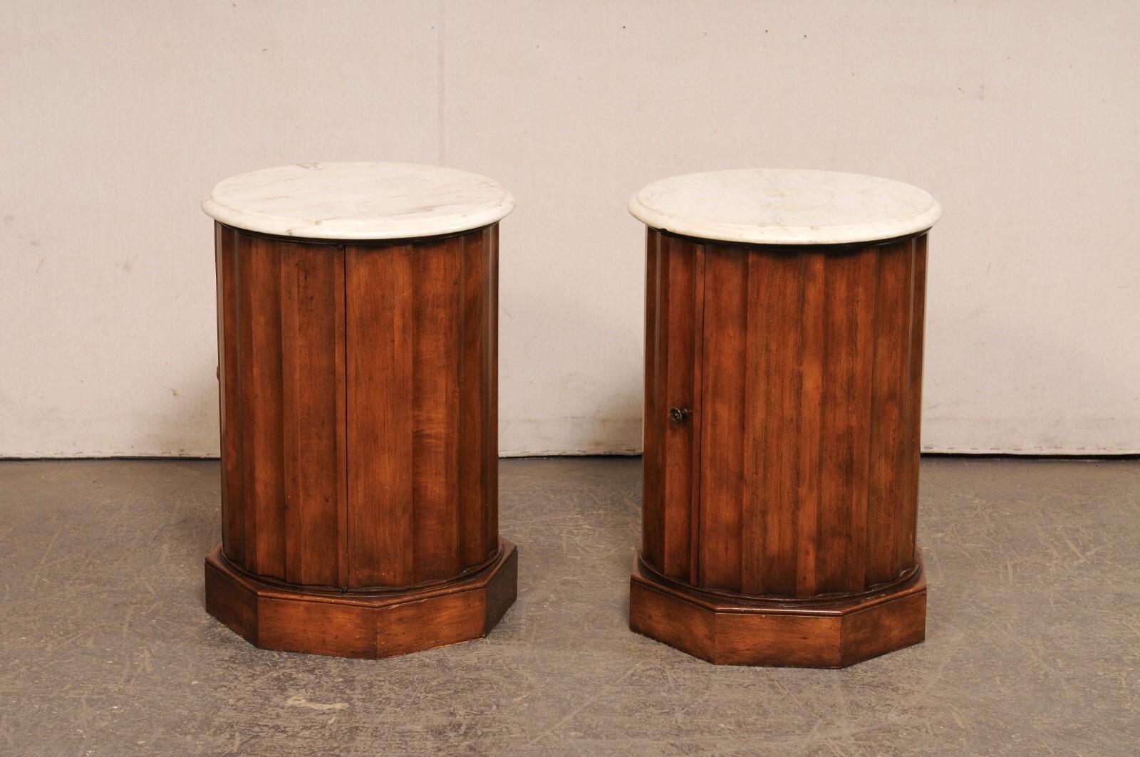 Italian Pair Marble Top Column Side Tables w/Door to Inner Storage For Sale 6