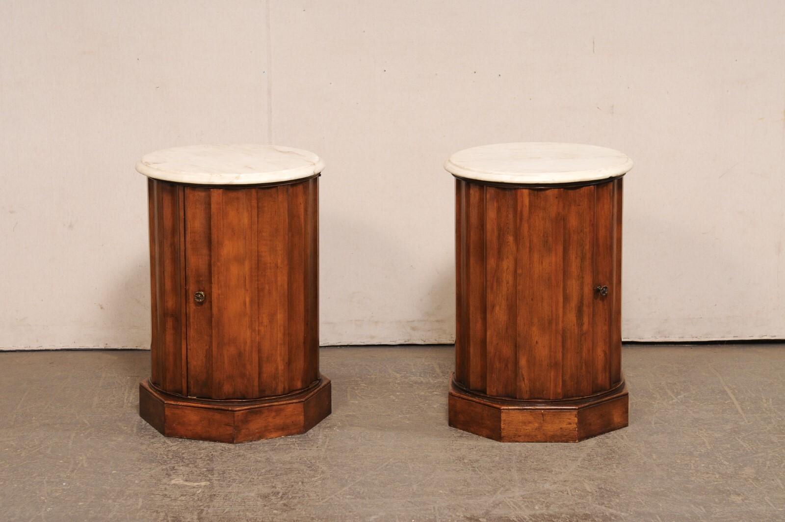 20th Century Italian Pair Marble Top Column Side Tables w/Door to Inner Storage For Sale