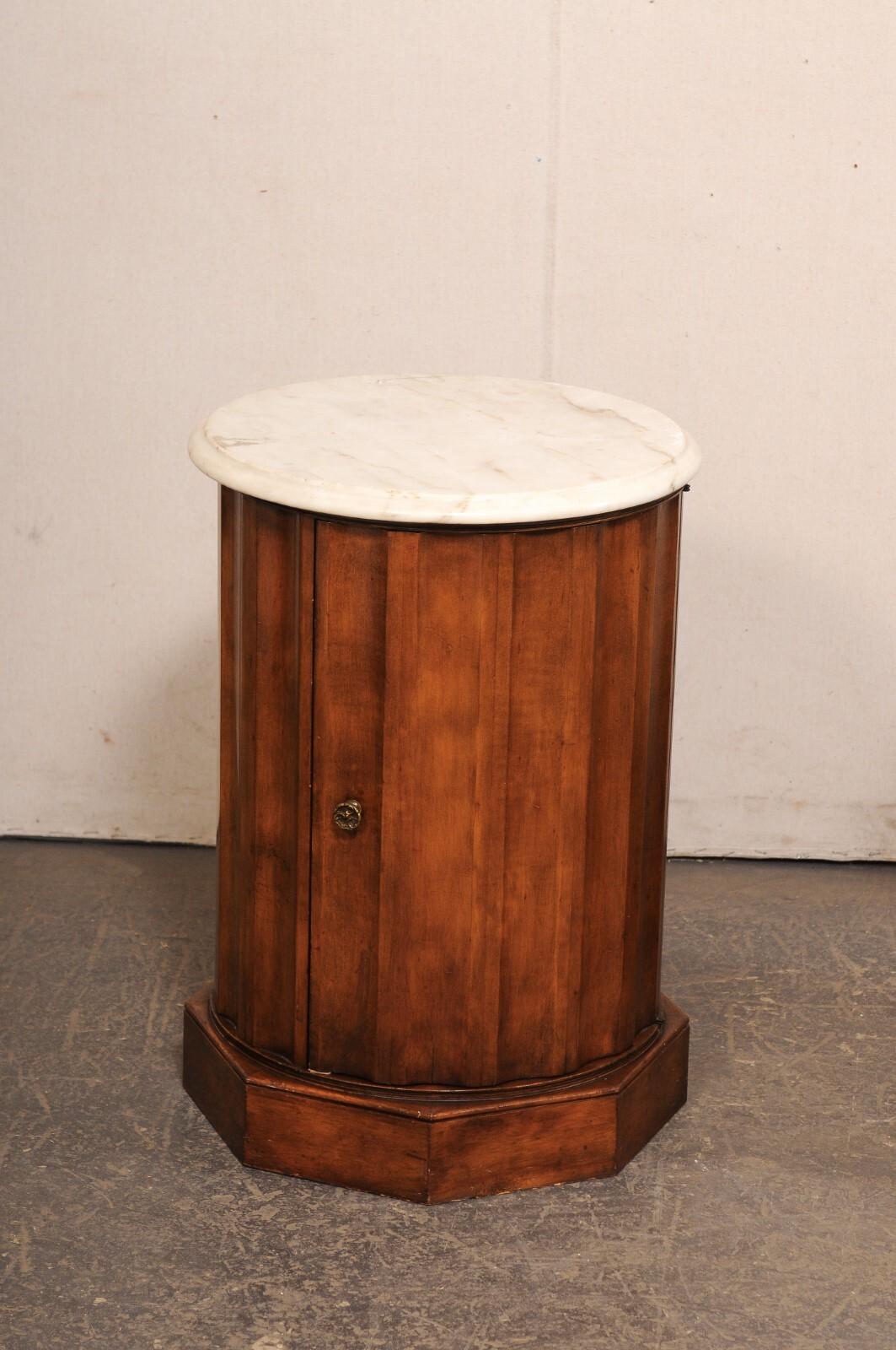 Wood Italian Pair Marble Top Column Side Tables w/Door to Inner Storage For Sale