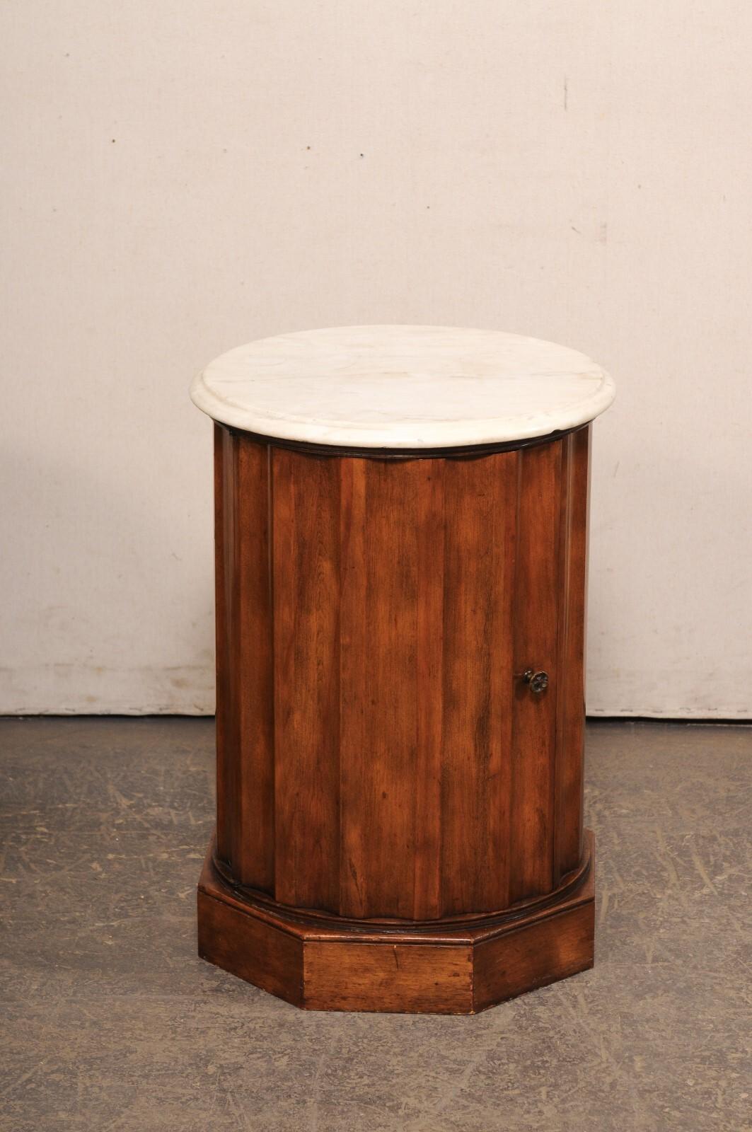 Italian Pair Marble Top Column Side Tables w/Door to Inner Storage For Sale 1