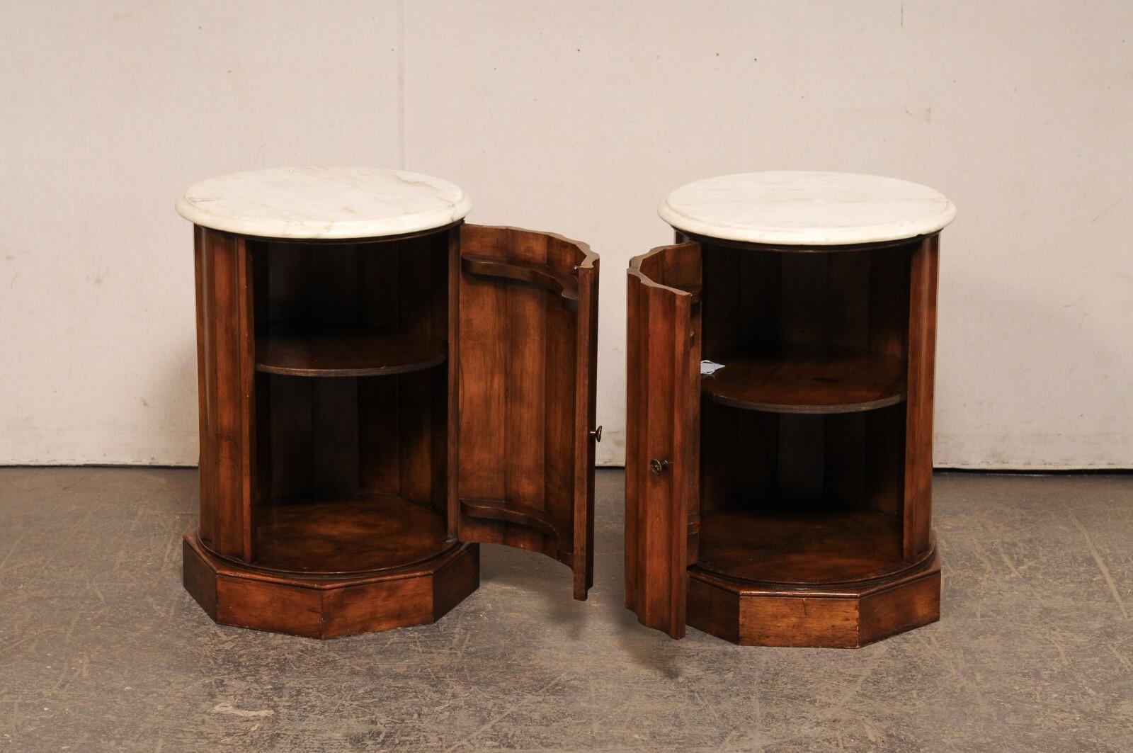 Italian Pair Marble Top Column Side Tables w/Door to Inner Storage For Sale 2