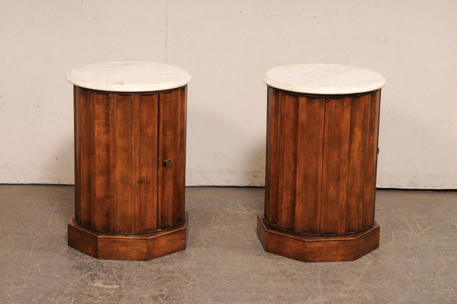 Italian Pair Marble Top Column Side Tables w/Door to Inner Storage For Sale 3