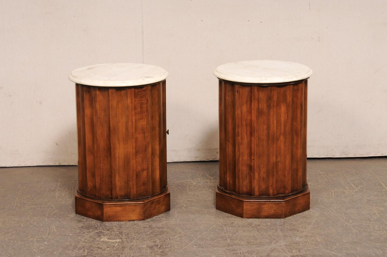 Italian Pair Marble Top Column Side Tables w/Door to Inner Storage For Sale 4