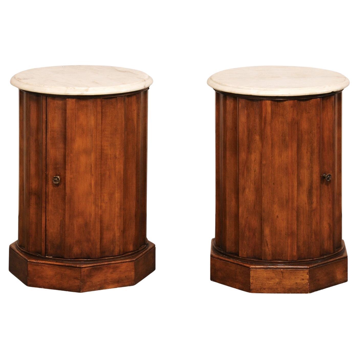 Italian Pair Marble Top Column Side Tables w/Door to Inner Storage For Sale