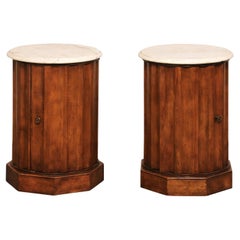 Italian Pair Marble Top Column Side Tables w/Door to Inner Storage