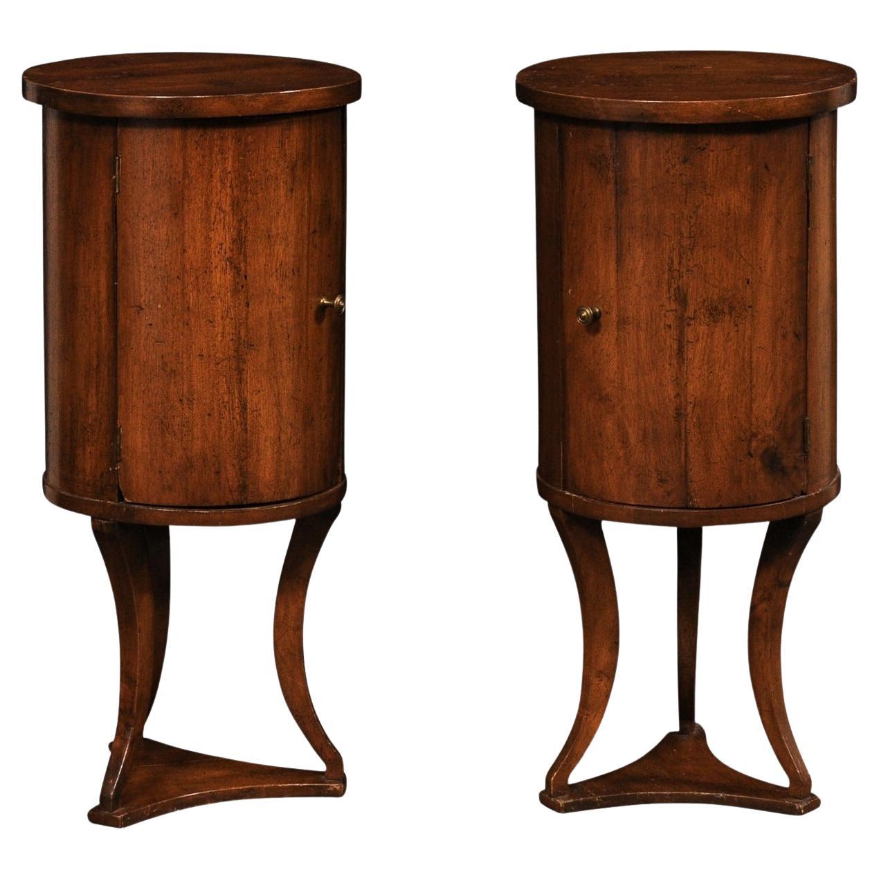 Italian Pair Mid-Century Wooden Cylindrical End Tables w/Storage