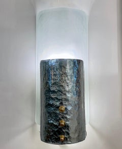 Italian Pair Modern Curved Aqua Silver Blue Texture Murano Glass Graphic Sconces