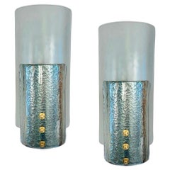 Italian Pair Modern Curved Aqua Silver Blue Texture Murano Glass Graphic Sconces