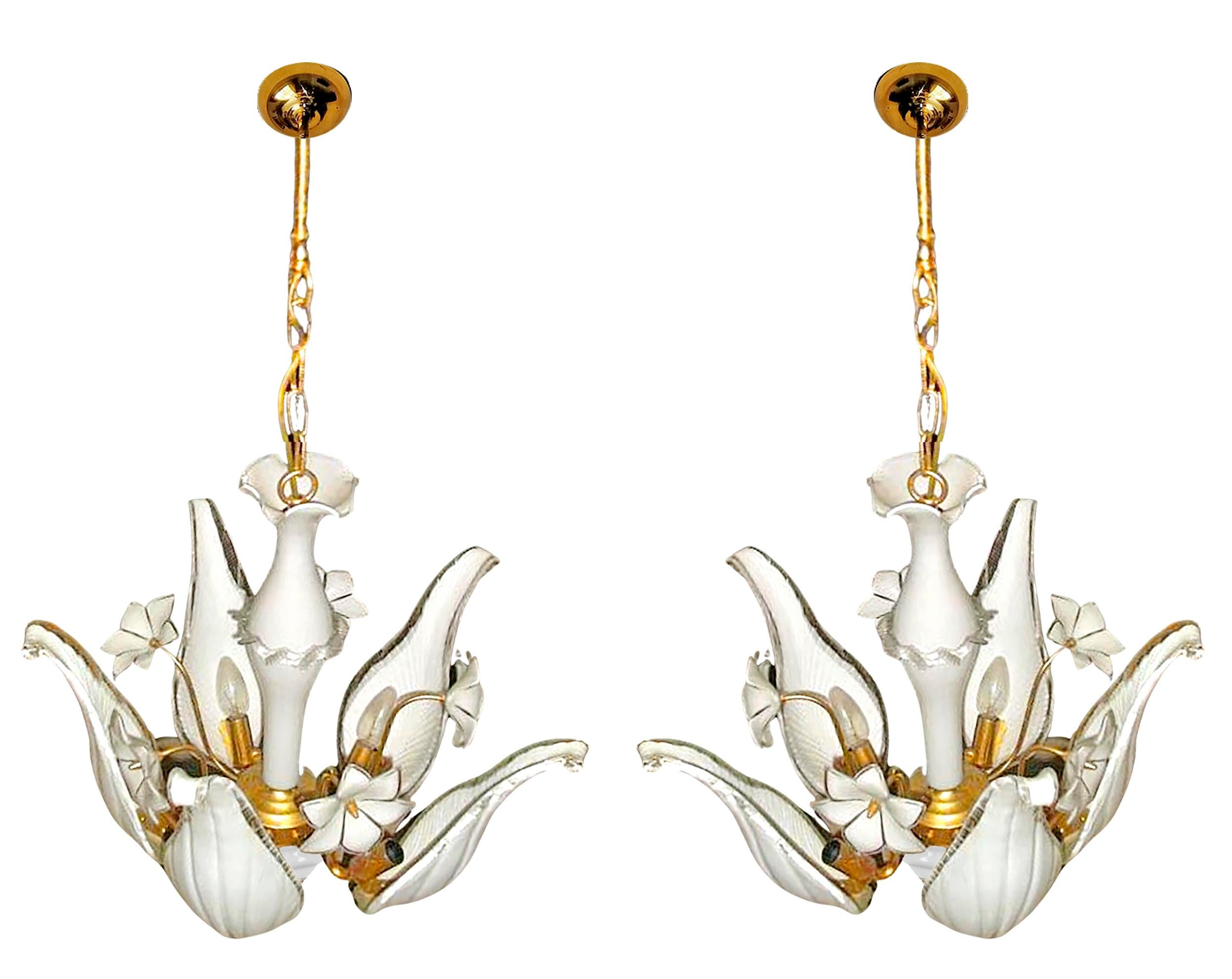 Late 20th Century Italian Pair Murano Franco Luce Art Glass &Gilt Brass Mid-Century Chandelier-PPU For Sale