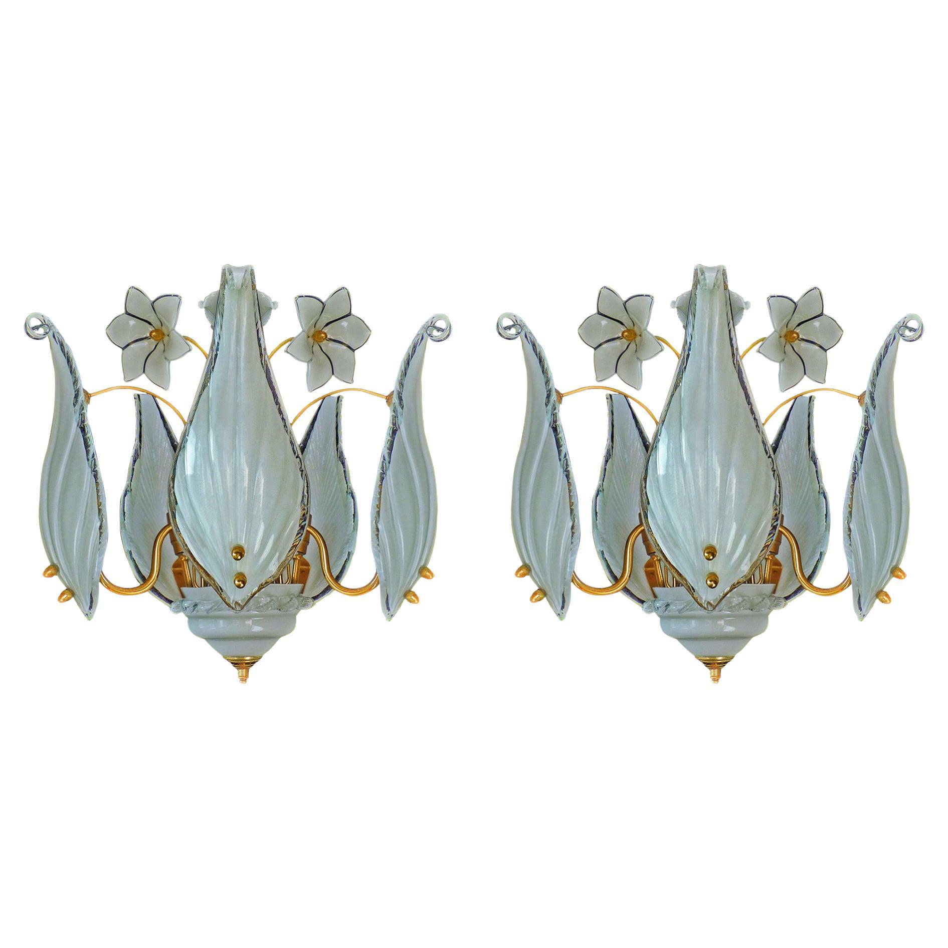 Italian Pair Murano Franco Luce Art Glass &Gilt Brass Mid-Century Chandelier-PPU For Sale