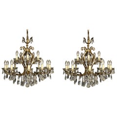 Italian Pair of 12 Light Gilded and Crystal Antique Chandeliers