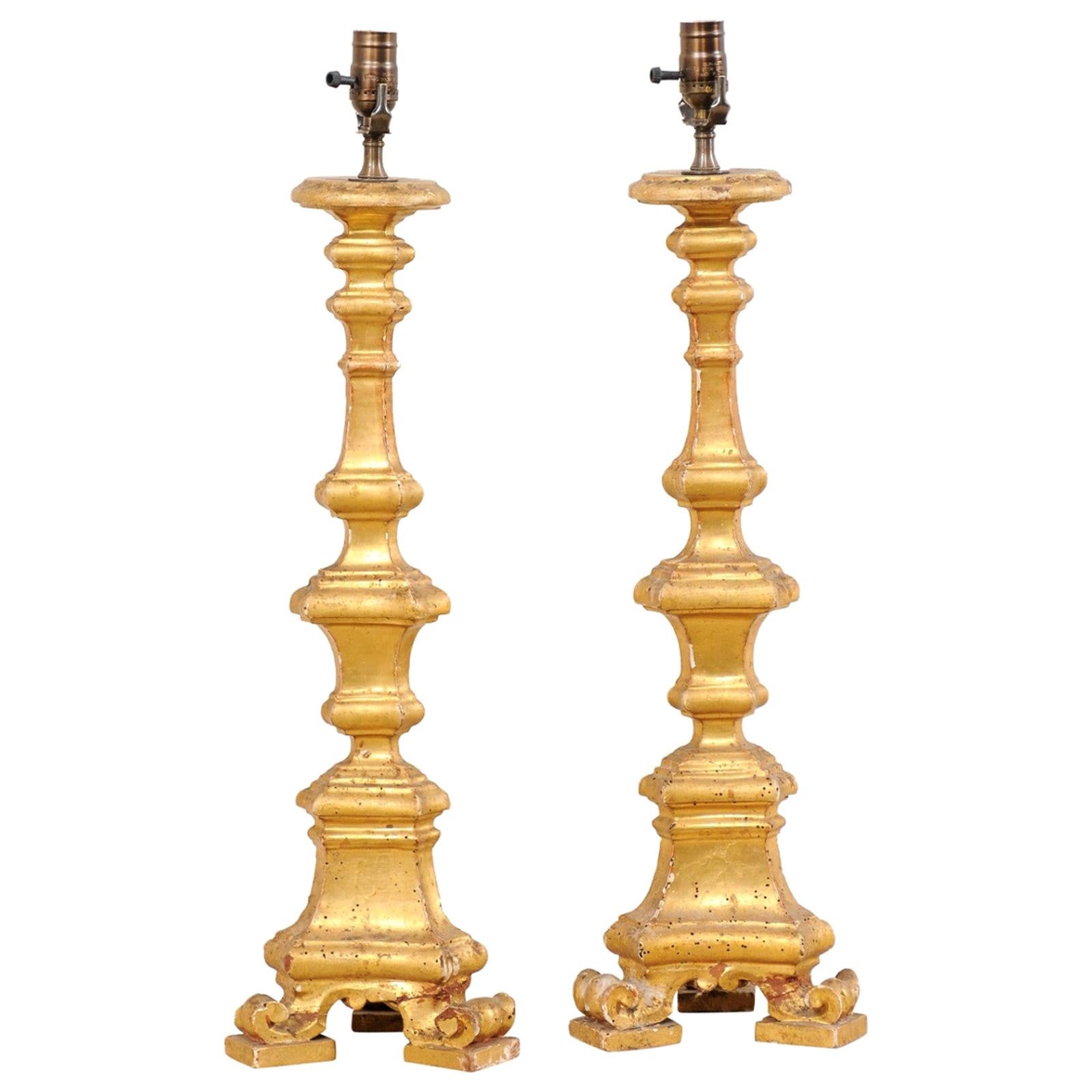 Italian Pair of 19th C. Candlestick Carved Table Lamps with Gilt Finish