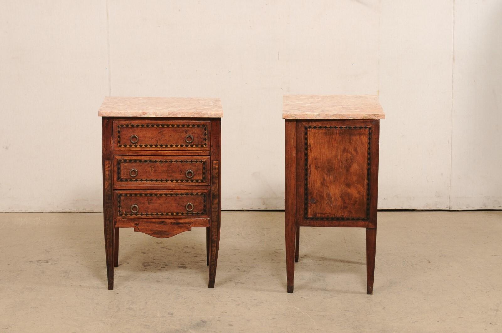 Italian Pair of 19th C. Marble-Top Side Chests w/Marquetry Inlay Banding In Good Condition In Atlanta, GA
