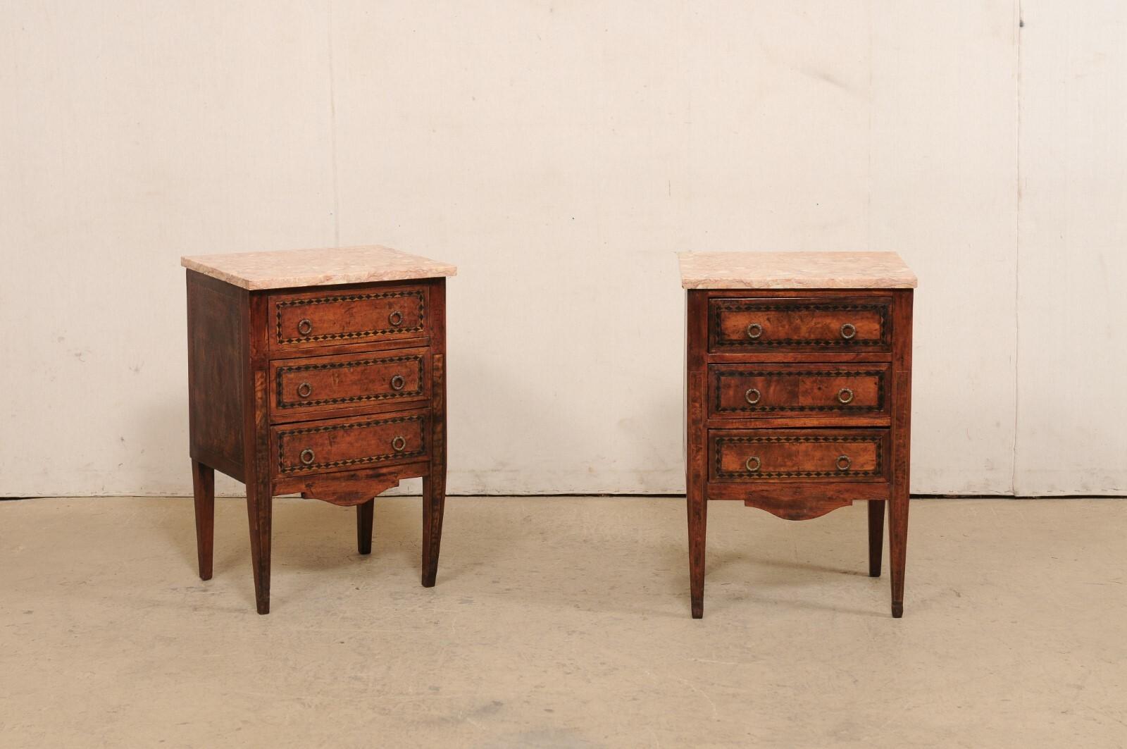 19th Century Italian Pair of 19th C. Marble-Top Side Chests w/Marquetry Inlay Banding