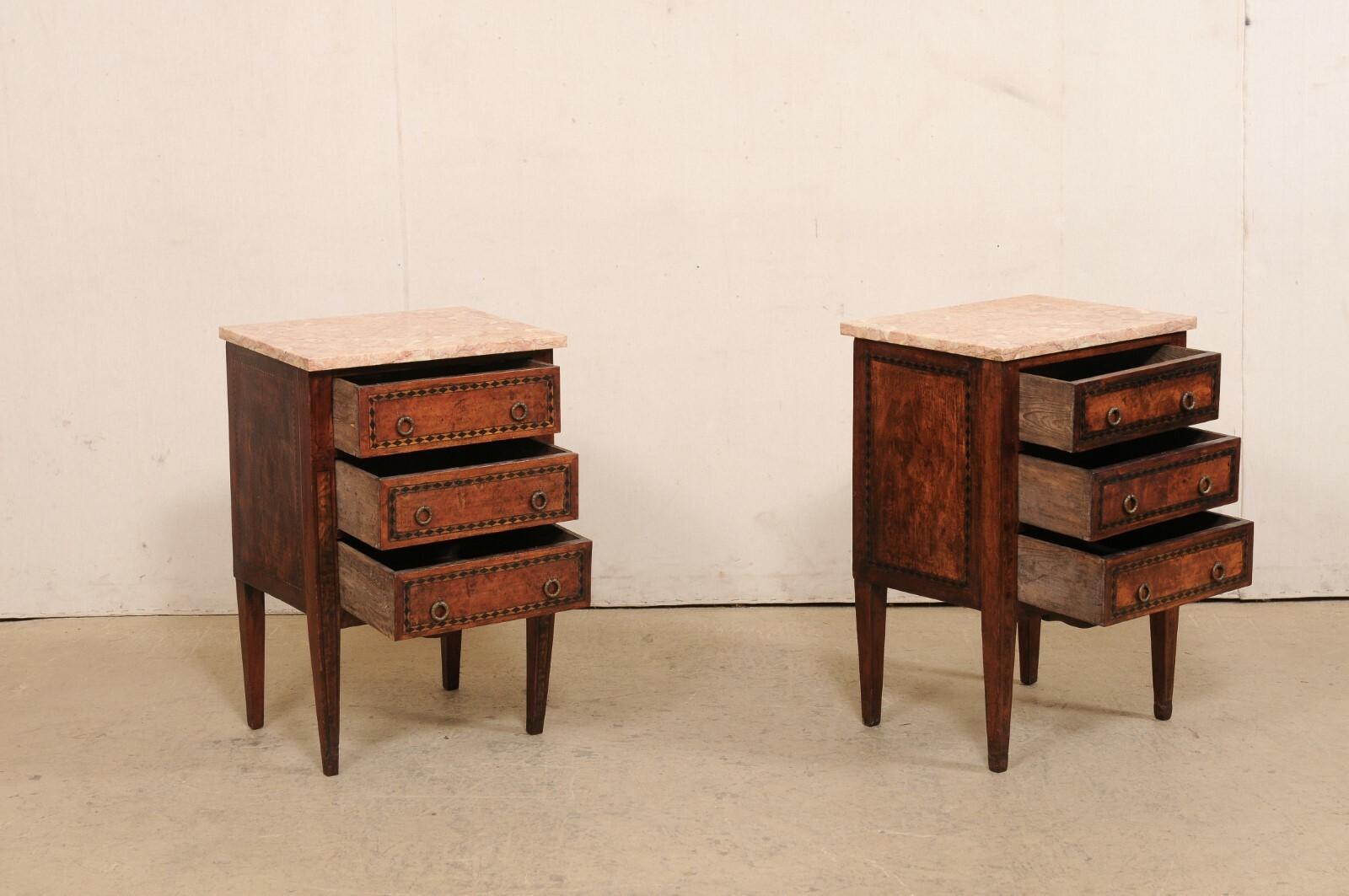 Italian Pair of 19th C. Marble-Top Side Chests w/Marquetry Inlay Banding 1