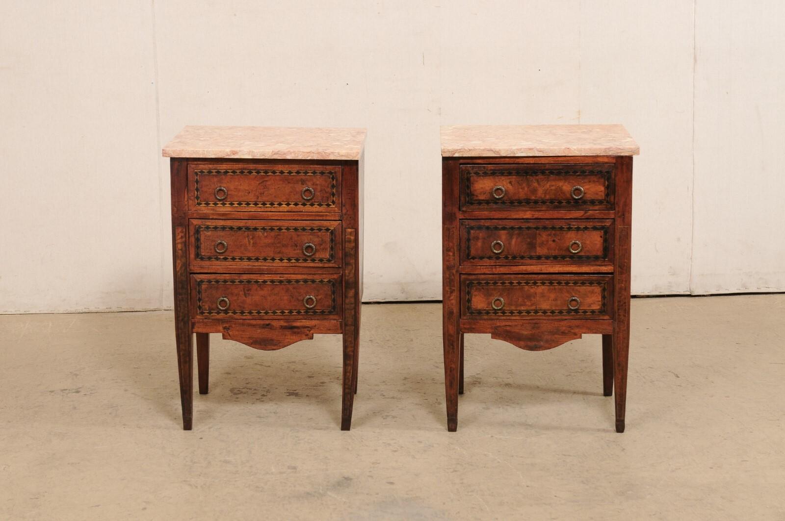 Italian Pair of 19th C. Marble-Top Side Chests w/Marquetry Inlay Banding 5