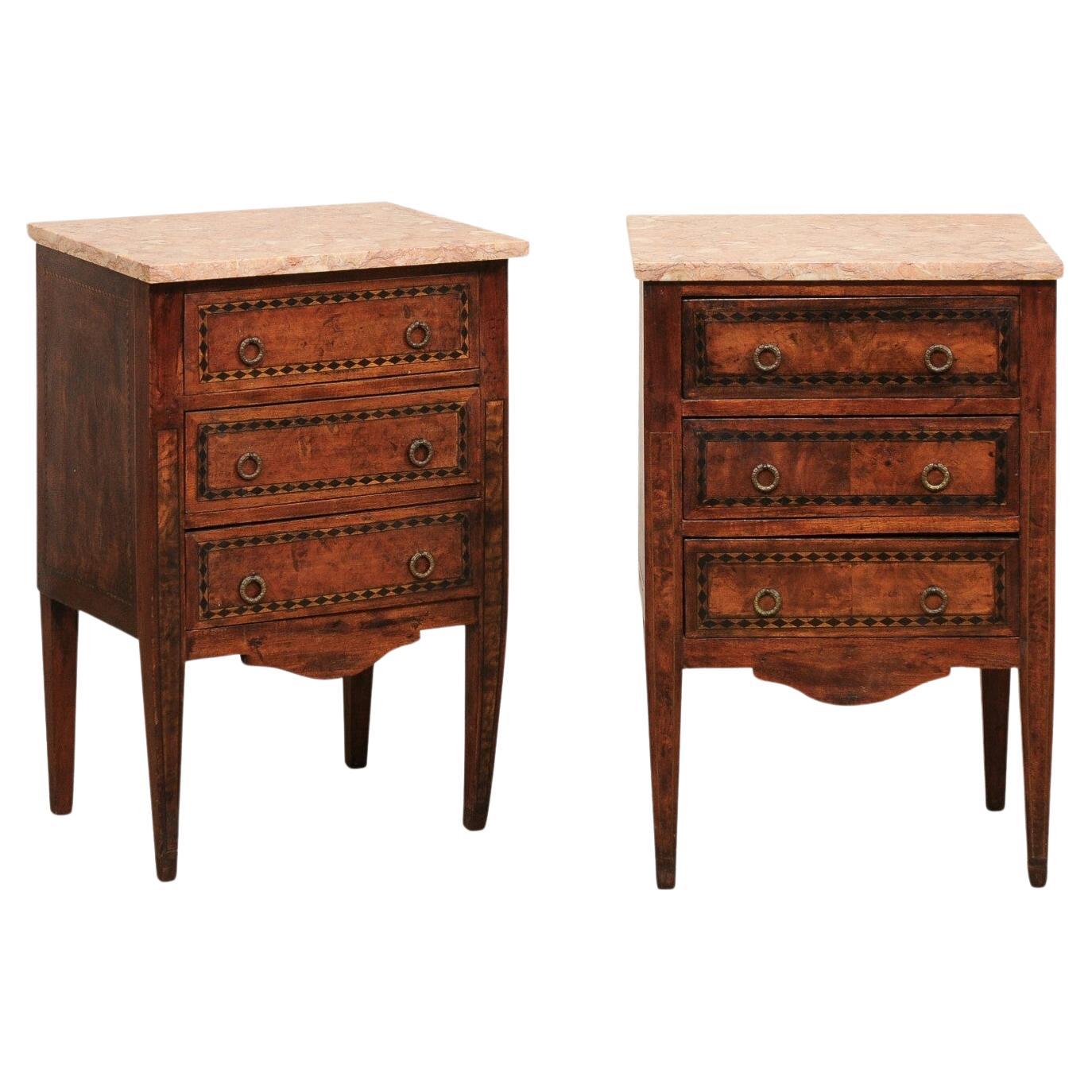 Italian Pair of 19th C. Marble-Top Side Chests w/Marquetry Inlay Banding