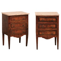 Italian Pair of 19th C. Marble-Top Side Chests w/Marquetry Inlay Banding