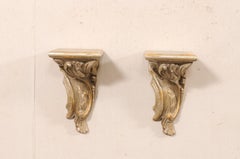 Italian Pair of 19th C. Rinceau-Carved Wall Shelf Brackets in Silver & Gold
