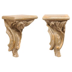 Italian Pair of 19th C. Rinceau-Carved Wall Shelf Brackets in Silver & Gold