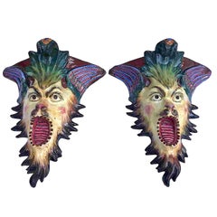 Antique Italian Pair of 20th Century Majolica Grotesque Brackets by Francesconi Giulio