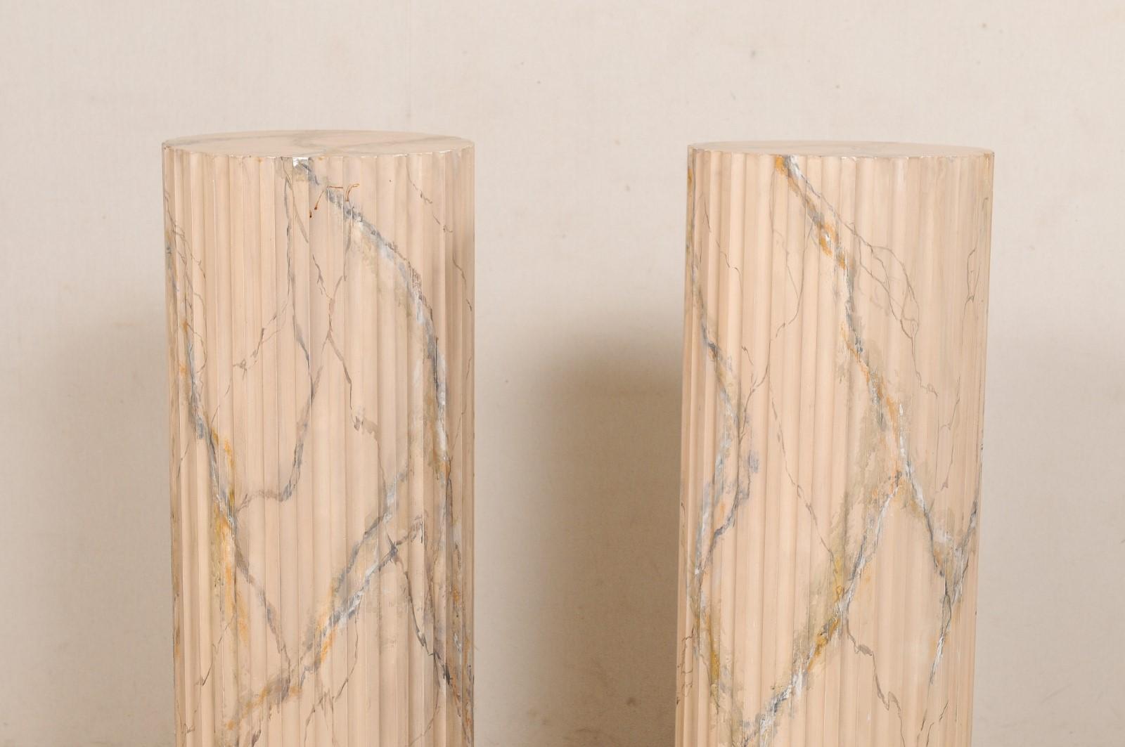 Italian Pair of Fluted Column Pedestals, w/Original Faux Marble Finish For Sale 3