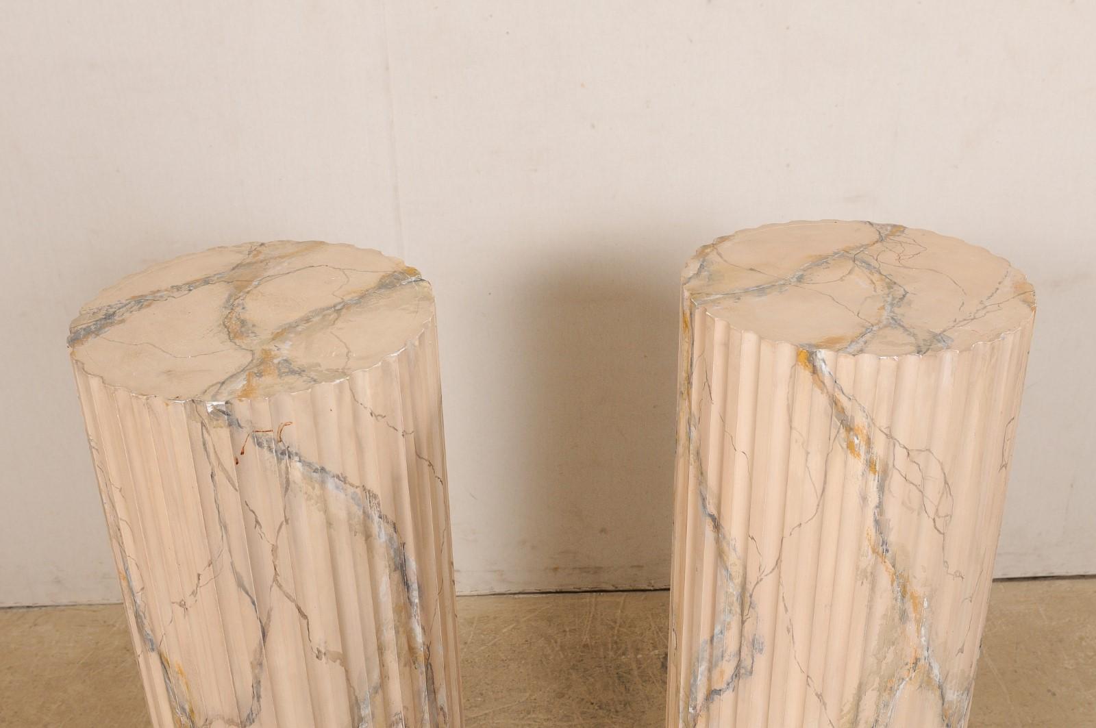 Italian Pair of Fluted Column Pedestals, w/Original Faux Marble Finish For Sale 5