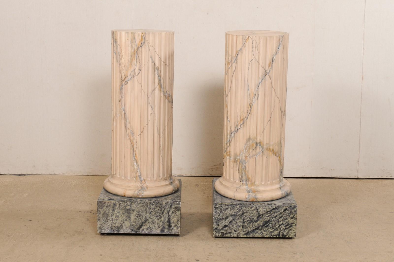 Wood Italian Pair of Fluted Column Pedestals, w/Original Faux Marble Finish For Sale