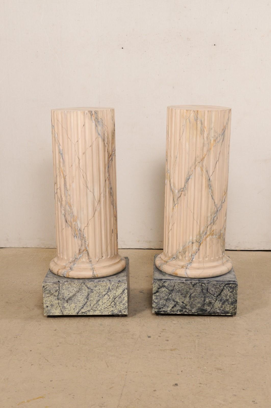 Wood Italian Pair of Fluted Column Pedestals, w/Original Faux Marble Finish For Sale