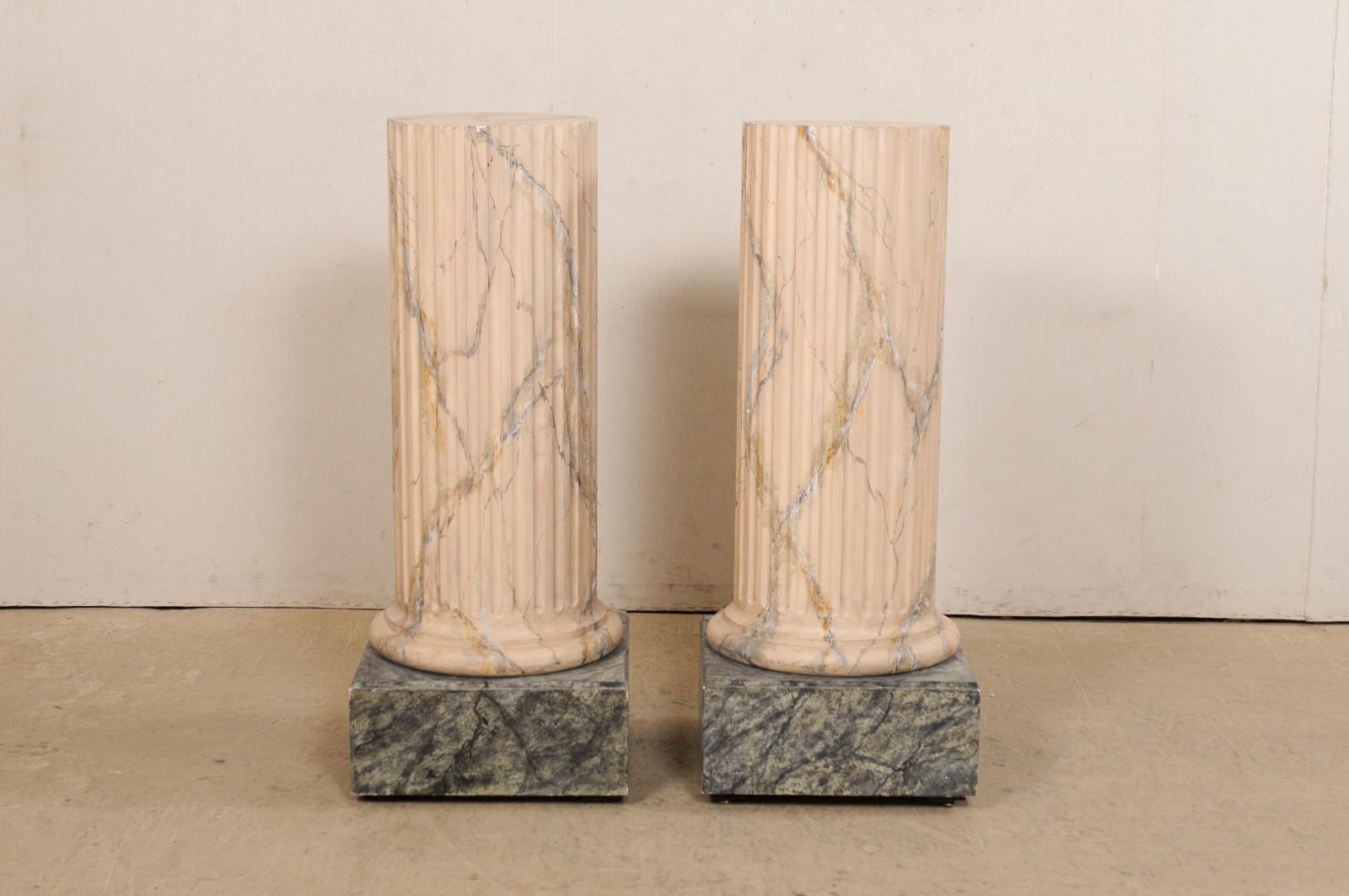 Italian Pair of Fluted Column Pedestals, w/Original Faux Marble Finish For Sale 1