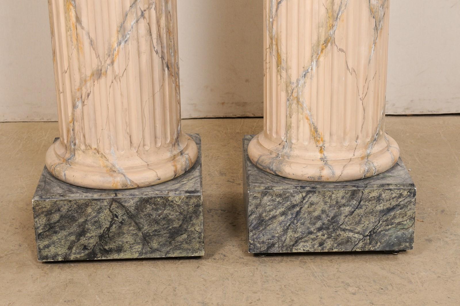 Italian Pair of Fluted Column Pedestals, w/Original Faux Marble Finish For Sale 2